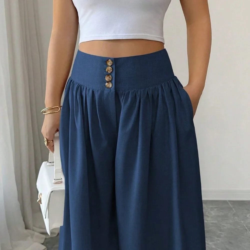 Blue Casual Women's Elegant Floral Buckle Design Loose Pants